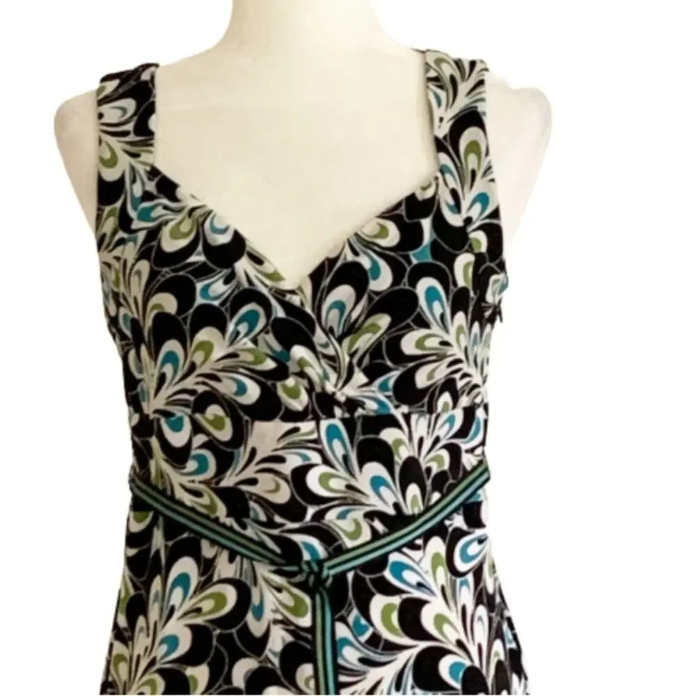 LOFT Dress Brown Blue Green Floral Sleeveless Ribbon Belted Dress Size 6